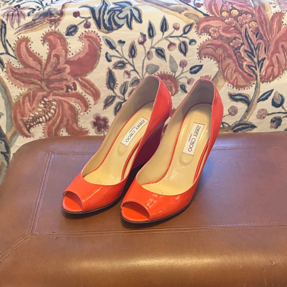 Jimmy Choo Orange Patent Leather Peep-Toe Heels